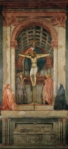 Masaccio，圣三位一体，C.426-1428，壁画，圣玛丽亚星教堂，佛罗伦萨，意大利的大教堂。