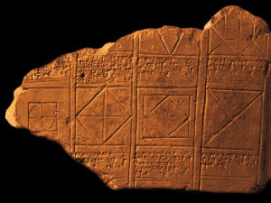 这一大块碎片来自一个用阿卡德语写的石板，上面有数学练习和问题。它可以追溯到公元前1700年左右。右下角的文字写着:“正方形的边长等于1。我画了四个三角形。表面积是多少?