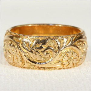 雕刻宽古董结婚戒指，18k黄金1900