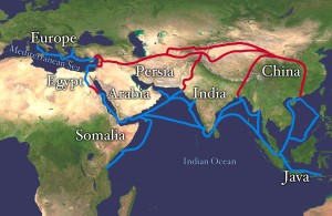 红色路线是原来的丝绸之路，蓝线是水/海的水平，随着时间的推移。