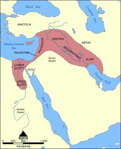 这张地图显示了中东新月地区的位置和范围，这是一个结合古埃及的地区。黎凡特；还有美索不达米亚。