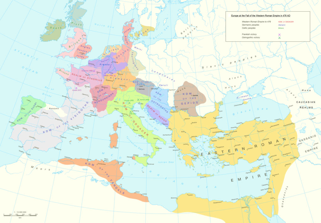 Barbarian kingdoms in Europe and North Africa in 476 AD.