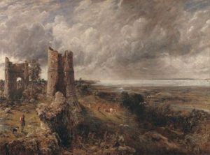 约翰·康斯特布尔，《哈德利城堡，泰晤士河口——暴风雨夜后的早晨》，(1829)。康斯特布尔是英国主要的风景画家之一。