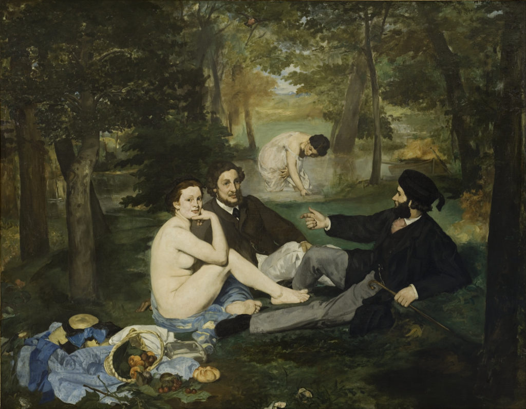 在Académie des Beaux-Arts年度沙龙上被拒绝的作品之一。Édouard马奈，《草地上的午餐》(Le déjeuner sur l'herbe) (1863)