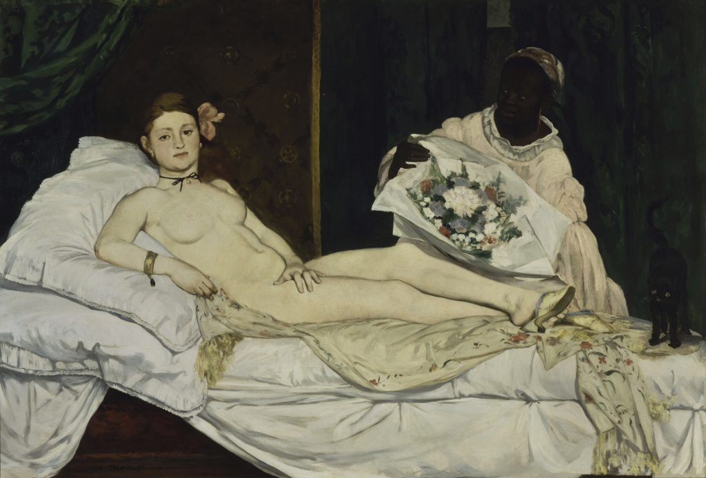 Édouard马奈，“奥林匹亚”，(1863)。这幅画的灵感来自提香的《乌尔比诺的维纳斯》。