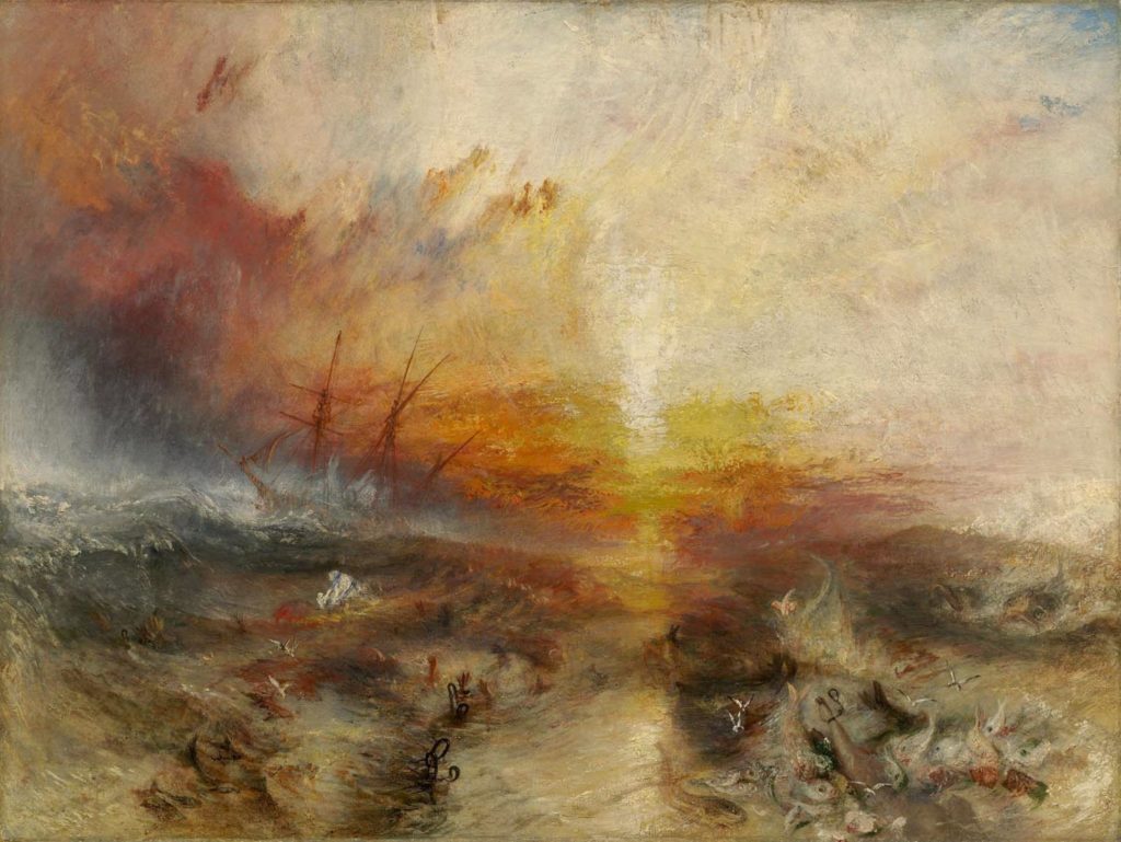 J. M. W.特纳，“奴隶贩子把死人扔到海里，垂死的台风即将来临”，1840年。