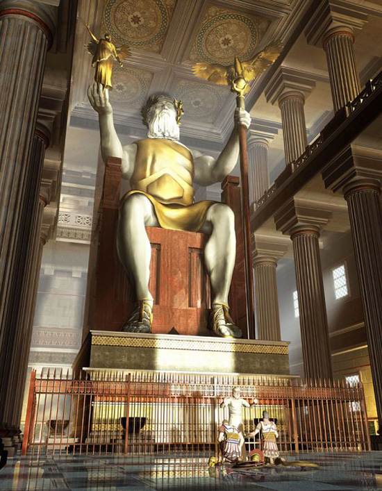 重建奥林匹亚宙斯雕像，右手拿着耐克，左手拿着权杖。