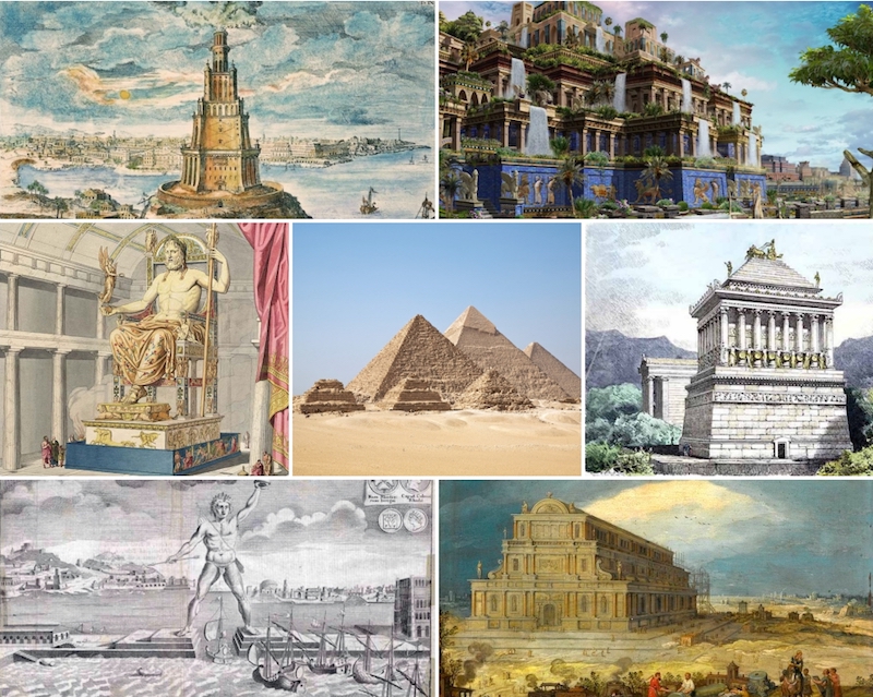 古代世界的七个奇迹。从左到右，上下：1）Alexandria 2的灯塔2）巴比伦的悬挂花园3）奥林匹亚雕像4）Giza 5）巨大的Pyramif在Halicarnassus 6）罗得乐群岛7）罗得乐7）罗斯勒·7岁以弗勒斯皇冠寺庙。