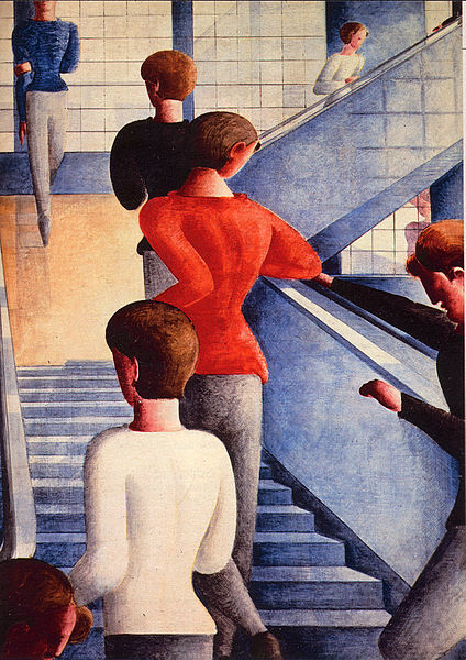 奥斯卡·施莱默(Oscar Schlemmer)在包豪斯建筑内的一幅壁画:个人在爬楼梯。照片中间的那个人穿着一件鲜红色的毛衣。