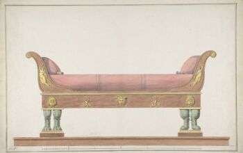 设计一个帝国沙发床与粉红色的靠垫，红色金属与金色的口音为床的主体。