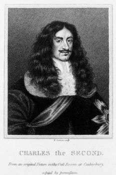 黑色和白色阿宝rtrait of Charles II with a straight mustache and long, luscious locks.
