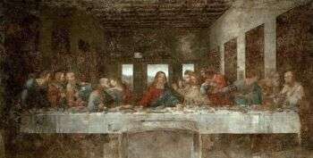 列奥纳多对《最后的晚餐》的描绘:耶稣在中间，他的门徒围绕在他的两边。他们都坐在一张又长又窄的桌子旁。